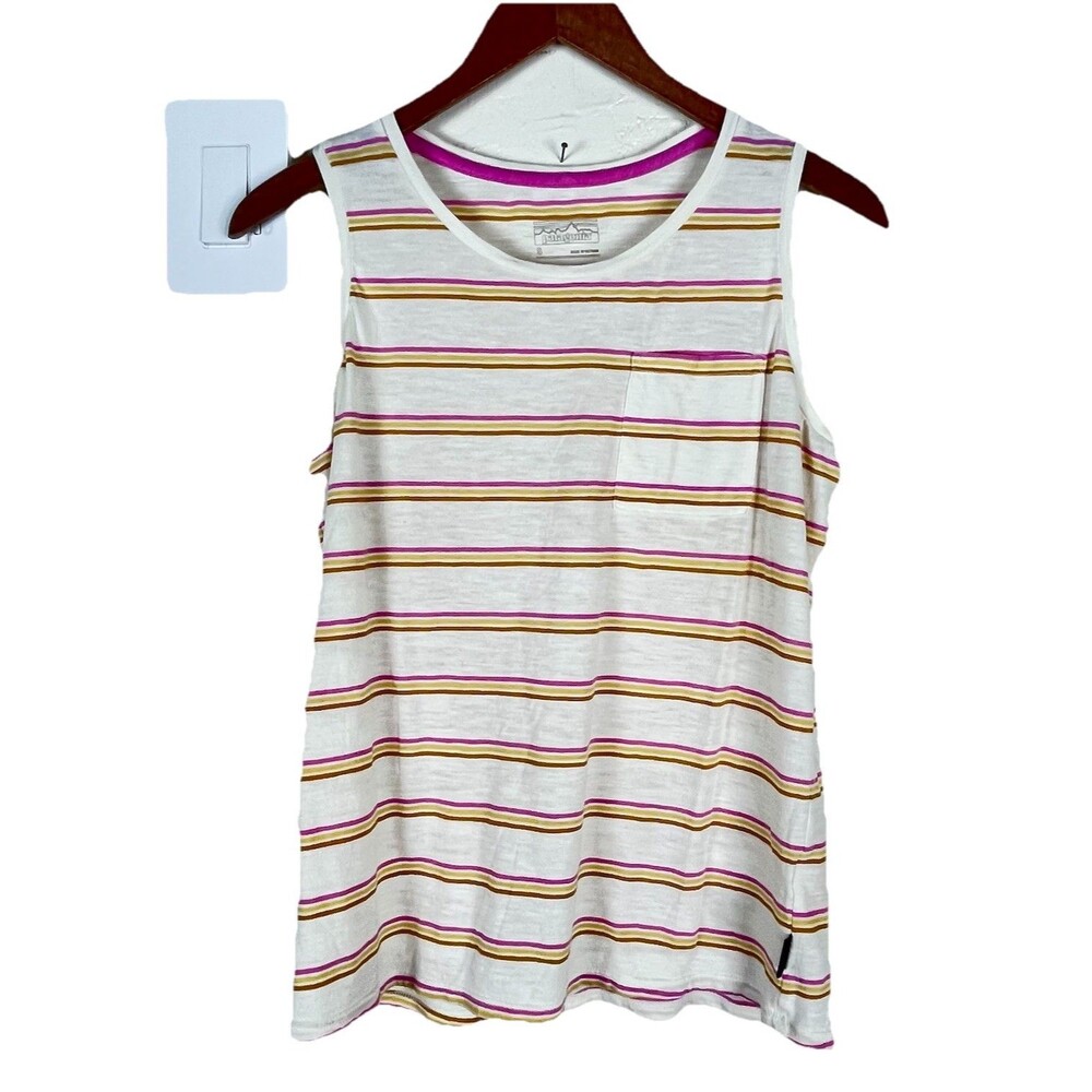 Patagonia Women’s Small Striped Sleeveless Tank Top Pocket White Pink Casual - Picture 2 of 9
